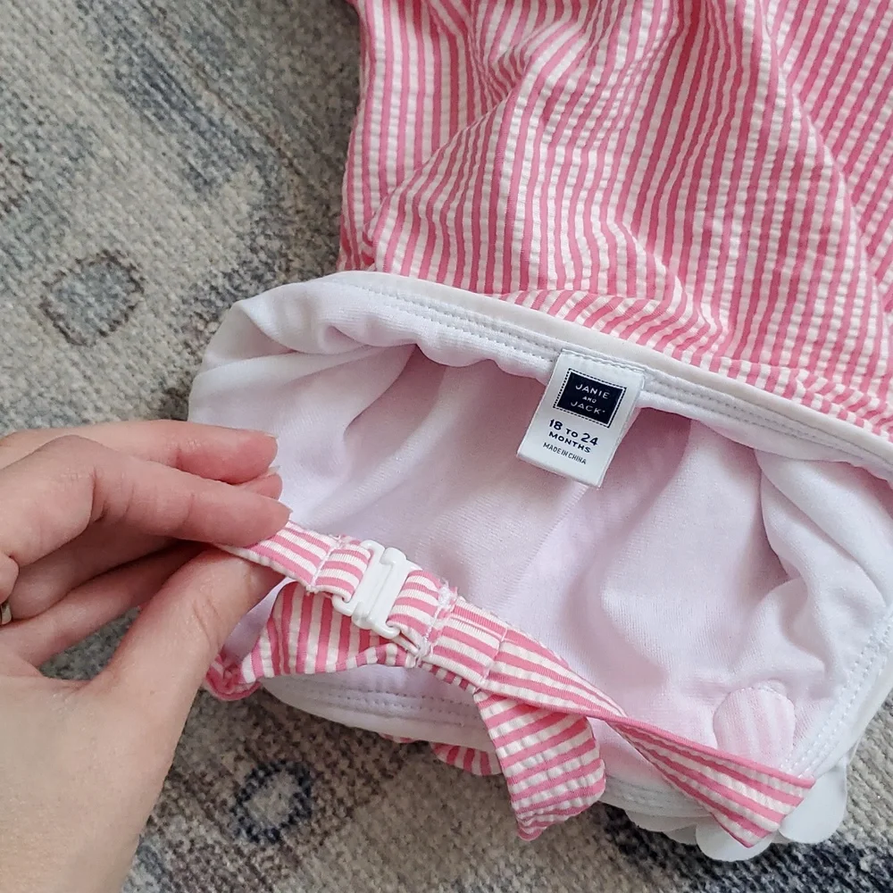 Janie and Jack Baby Girls Paradise Pink Seersucker Floral Swimsuit Sz18-24m